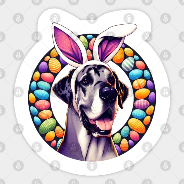 Great Dane Enjoys Easter with Bunny Ear Headband Sticker by ArtRUs